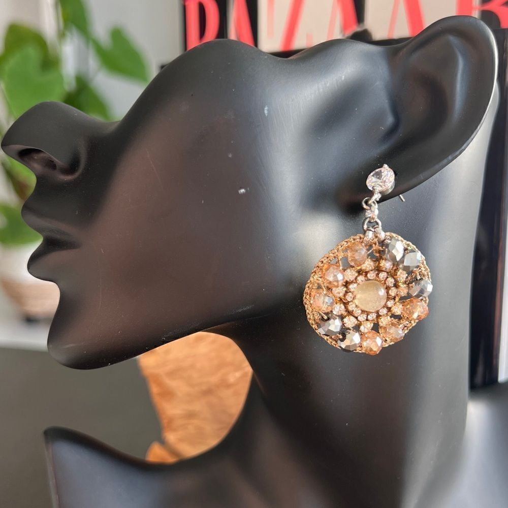 Round Crystals Earrings Rhinestone Gold Silver Flower Shape